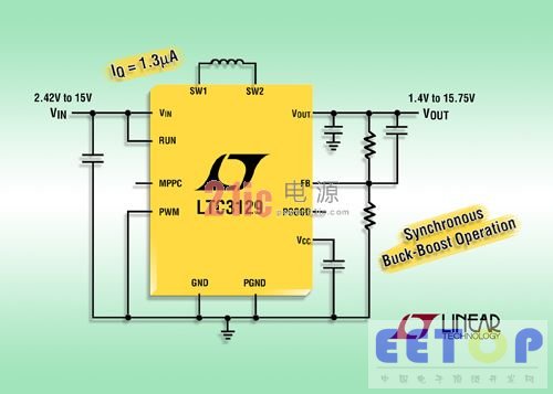 静态电流仅为1.3µA 的15V、200mA同步降压-升压型DC/DC 转换器